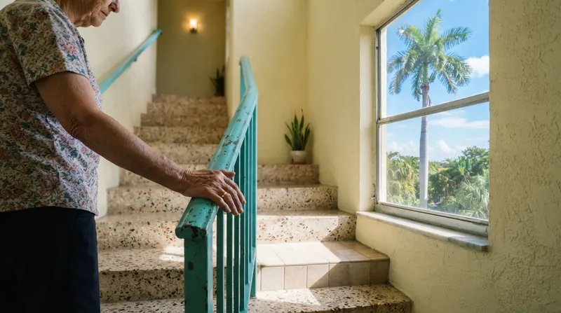 An older woman's hand resting on a turquoise railing at the landing of a terrazzo staircase in a pale yellow Florida apartment building