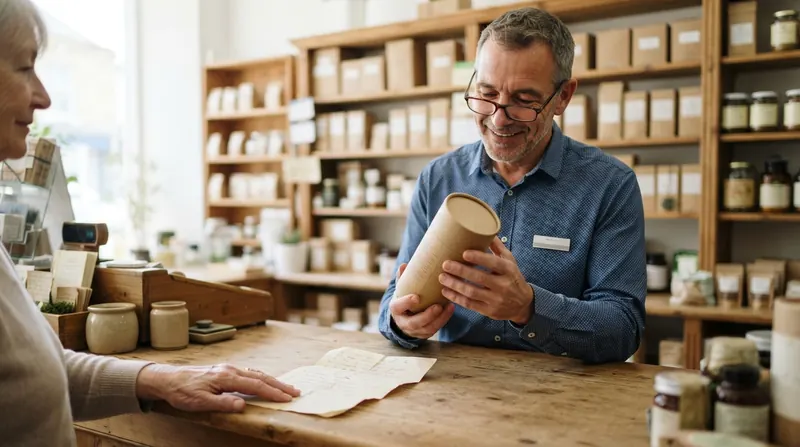 A pharmacist at a neighborhood counter reading the back of a kraft paper tea tube while an older woman waits with a handwritten list