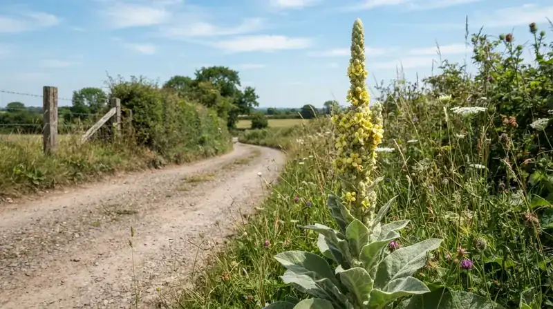 A tall mullein plant with soft gray-green woolly leaves and a spike of small yellow flowers growing at the edge of a sunny country road