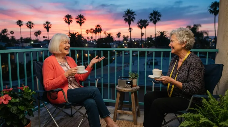 Two older women sitting on a small apartment balcony at dusk with covered cups of tea, palm trees and a pink sky behind them