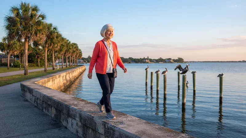 An older woman in a coral cardigan walking along a sunny bayfront seawall at sunrise, palm trees and still blue water beside her