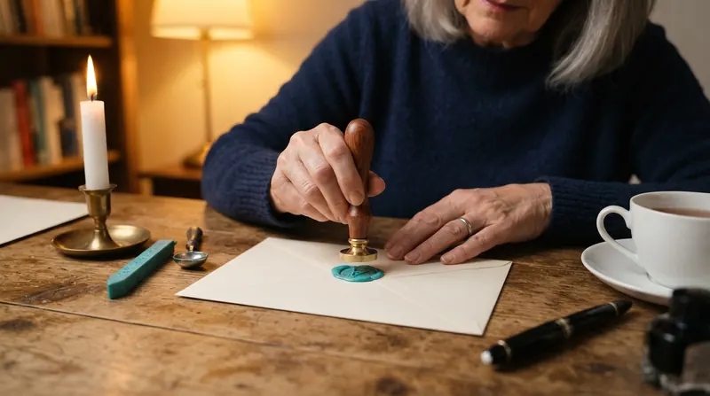 A turquoise wax seal being pressed onto a cream envelope beside a lit candle and a cup of tea on a writing desk