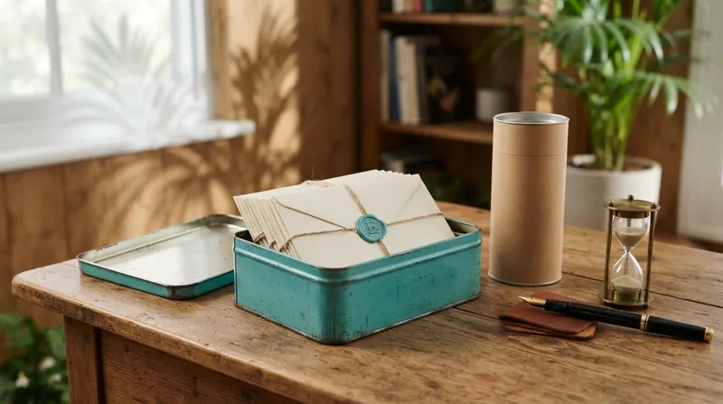 A turquoise tin box on a desk filled with cream envelopes sealed with turquoise wax, a kraft paper tea tube and a fountain pen beside it