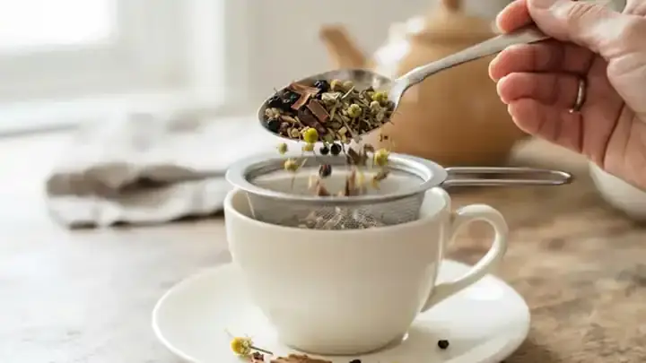 Two teaspoons of loose dried herbs tipped into a stainless mesh infuser basket inside a white cup, slow close-up